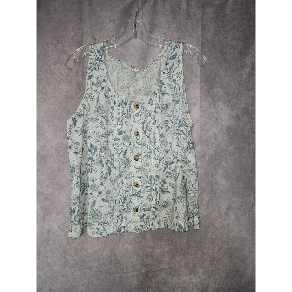 Wonderly Women's Button Front Linen Printed Tank Top Size L BEACHY VACATION